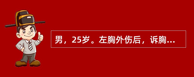 男，25岁。左胸外伤后，诉胸痛不适，无明显呼吸困难，胸片示左肺压缩50％，诊断首先考虑（　　）。