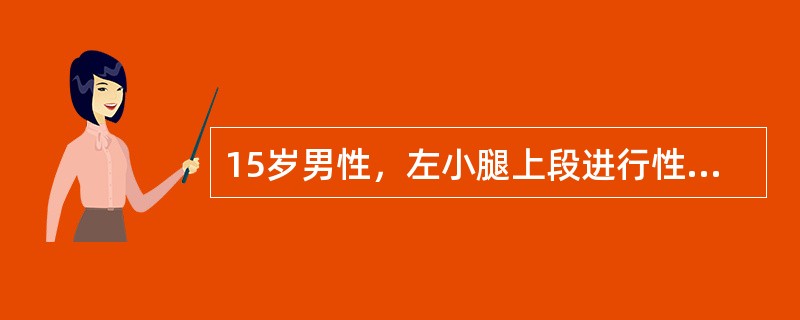 15岁男性，左小腿上段进行性疼痛3个月余，偶有轻微发热；查体：左小腿上段外侧方可触及一质硬包块，有轻微压痛。左下肢X线片示：左侧腓骨骨干边界模糊，存在不规则的破坏区，周围伴“葱皮样”反应骨形成。在采集