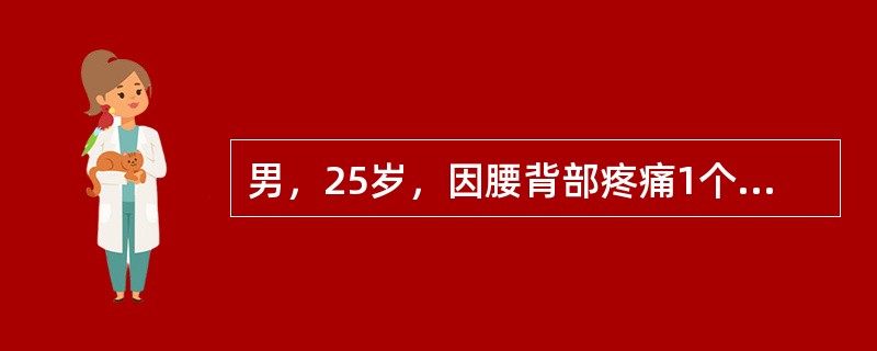 男，25岁，因腰背部疼痛1个月余，加重3天入院。1个月前劳累后出现腰痛，当地医院诊断为“腰肌劳损”，予理疗，症状稍缓解。发病后食欲较差，体重稍降低，时有午后低热，夜间出汗较多。查体：腰椎活动度受限，腰