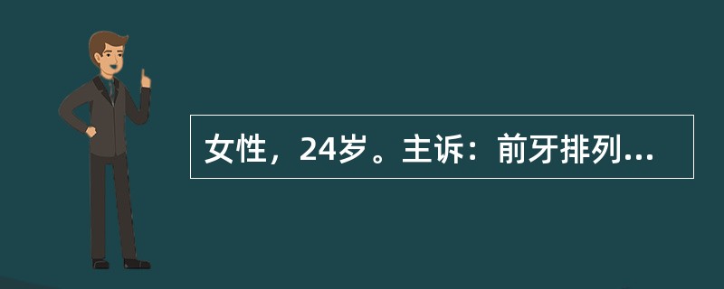 女性，24岁。主诉：前牙排列不齐。口内检查：磨牙关系中性。覆盖3mm，覆0mm。上中切牙外翻，上牙列拥挤4mm，下牙列拥挤4.5mm。X线头影测量为：SNA80°，SNB76°，U1/SN105°，L