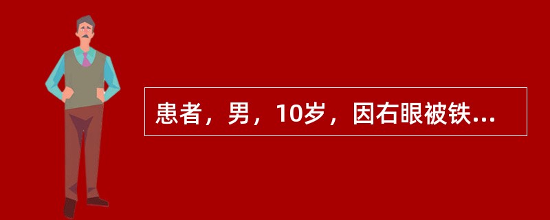 患者，男，10岁，因右眼被铁质异物划伤后视力下降3天为主诉入院。眼部查体：右眼视力：手动/眼前，左眼视力：0，有眼混合充血，结膜囊见黄绿色分泌物，角膜见6mm直径大小的圆形溃疡，边缘见灰黄色侵润，前房
