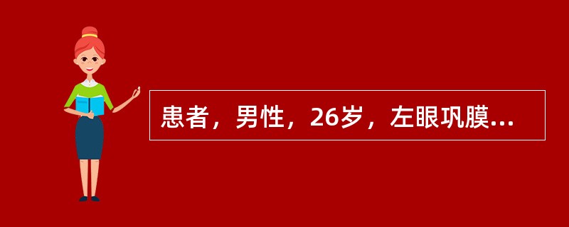 患者，男性，26岁，左眼巩膜外填压术联合环扎术后8天，出现左眼痛。查体：左眼跟压25mmHg，角膜出皮轻度水肿，Tyndall（十+），KP（+），虹膜节段性萎缩，瞳孔散大，对光反应迟钝，睫状体区的巩