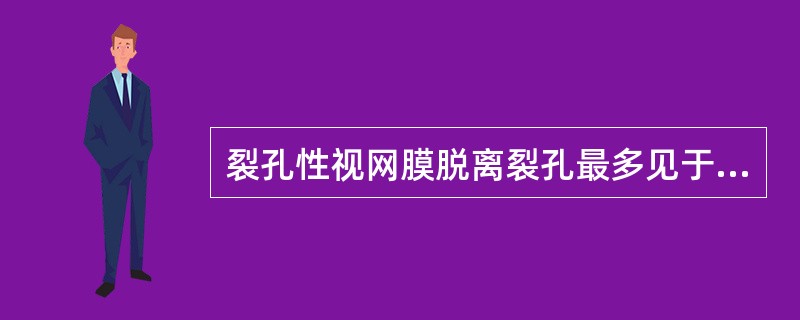 裂孔性视网膜脱离裂孔最多见于（　　）。