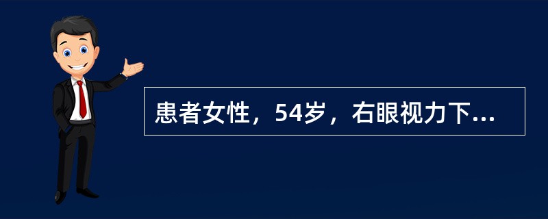 患者女性，54岁，右眼视力下降1个月。Vod0.5，Tod40mmHg，Vos0，Tos21mmHg。右眼轻度充血，角膜雾状水肿，前房轴深4CT，瞳孔3mm×3mm，晶状体轻度混浊，C/D0.8；左眼