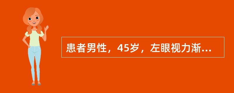 患者男性，45岁，左眼视力渐下降3个月。Vod0（—4.00DS），Tod15mmHg，右眼无充血，角膜透明，前房轴深5CT，房水清，晶状体透明，C/D0.5；Vos0.8（—4.50DS），Tos2