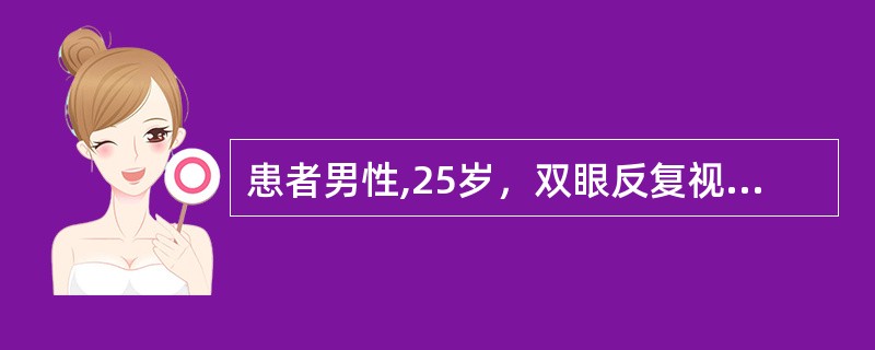 患者男性,25岁，双眼反复视力下降3个月，加重1周，无头痛，无耳鸣，无畏光流泪。既往有反复的疼痛性口腔溃疡。检查：矫正视力VOU0.5，角膜透明，KP（一），房水Tynall（+），细胞（+），晶体透