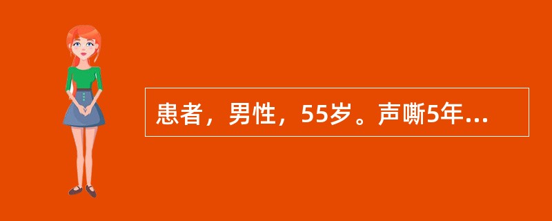 患者，男性，55岁。声嘶5年，有长期吸烟史。检查：无呼吸困难。间接喉镜检查：声带慢性充血，右侧声带中部增生，有白色斑片状物，声带活动正常。诊断首先考虑