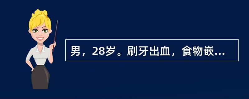 男，28岁。刷牙出血，食物嵌塞。临床检查，大量菌斑、牙石，牙龈红肿，探诊出血，探诊深度4mm。全口牙附着丧失1～2mm。X线显示牙槽骨吸收未超过根长的1/3。吸烟史5年，每天半包。该患者没有接受牙周治