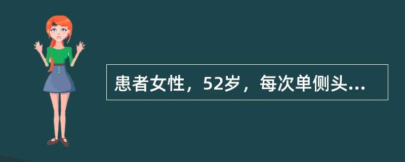 患者女性，52岁，每次单侧头痛发作，持续时间为15～180分钟，频率为隔日1次到每天8次。头痛脑发作时常伴有结膜充血、流泪、鼻充血、流涕、面部出汗、瞳孔缩小、上睑下垂、眼睑水肿、感觉躁动等伴随症状。下