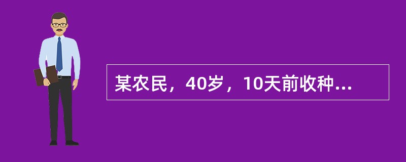 某农民，40岁，10天前收种水稻，突然寒战，发热40℃，伴剧烈头痛，眼痛，肌痛，乏力，眼红，皮肤、黏膜有瘀点，腹股沟触到肿大淋巴结，肝肋下0cm，白细胞12.5×109/L，中性75%，黄疸指数80m
