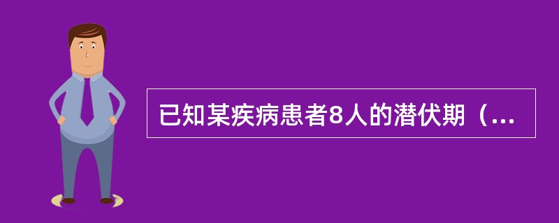 已知某疾病患者8人的潜伏期（天)分别为：13，5，9，12，10，8，11，7。其潜伏期的平均水平为