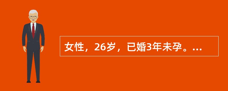 女性，26岁，已婚3年未孕。近1年月经周期延长，经期4.5天，周期45～60天，现停经4个月，基础体温呈单相。妇检：子宫正常大小，双卵巢稍增大。B超检查双侧卵巢有数10个（＜10mm小卵泡），拟诊为多