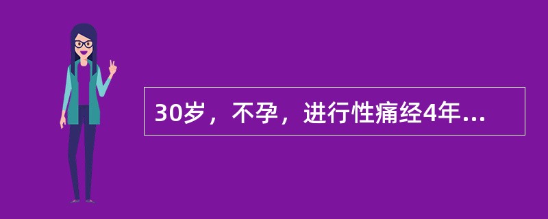 30岁，不孕，进行性痛经4年，经前1～2天开始下腹、腰痛，经后渐消失。查：子宫大小正常、后倾、粘连；双侧卵巢均有约直径5cm之囊肿，欠活动；阴道后穹隆处有紫蓝色结节，双骶韧带有串珠状痛性结节。根据上述