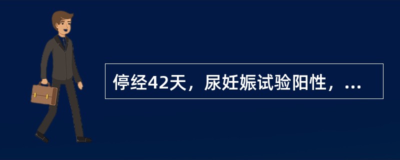 停经42天，尿妊娠试验阳性，伴少量阴道出血及轻微下腹不适，内诊子宫6周大小（　　）。