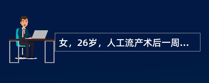 女，26岁，人工流产术后一周，发热4天，右下腹痛2天，追问病史，术后有性交史。体格检查：神萎，体温39℃，血压12/9kPa（90/70mmHg），心率112次/分，右下腹有压痛、反跳痛，妇科检查：阴