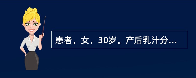 患者，女，30岁。产后乳汁分泌少，质稠，乳房胀痛，伴胸胁胀痛，情志抑郁，食欲不振，舌质淡红，苔薄黄，脉弦。</p><p class="MsoNormal ">