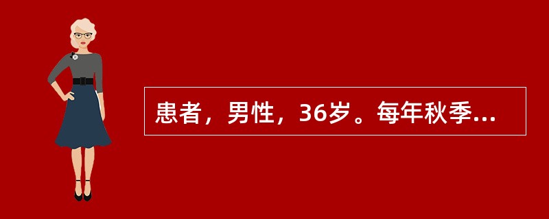 患者，男性，36岁。每年秋季反复发生下肢疼痛性结节，伴有关节酸痛5年，复发1周。目前下肢散在杏核大结节，灼热，压痛、触痛明显。患虹膜睫状体炎2个月，近两年来皮肤受伤后，极易感染化脓。</p>