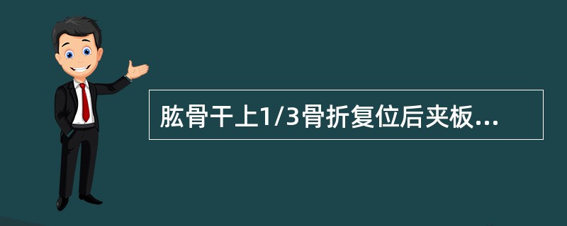 肱骨干上1/3骨折复位后夹板固定应（　　）。