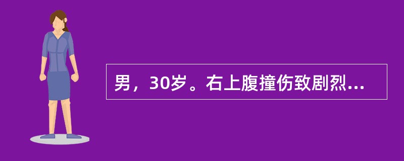 男，30岁。右上腹撞伤致剧烈腹痛半小时。检查：血压11/6kPa（82/45mmHg），脉率130次/分，呼吸25次/分。神志清，面色苍白，胸廓无畸形，呼吸音清，心律齐，无病理性杂音，腹膨隆，腹式呼吸