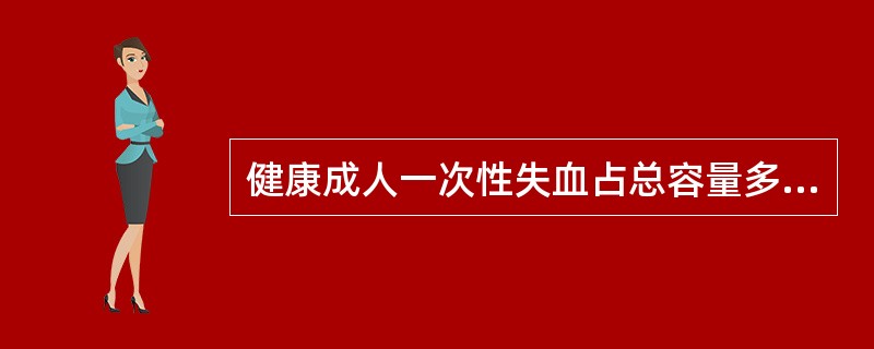 健康成人一次性失血占总容量多少以内时，可通过人体的代偿而不输血