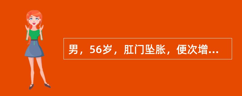 男，56岁，肛门坠胀，便次增多，大便带血，色泽暗红，夹有黏液。肛门指诊截石位5°处，距肛缘6Cm触及一硬结肿块，推之不移，指套上有脓血。舌红，苔黄腻，脉滑数。</p><br />