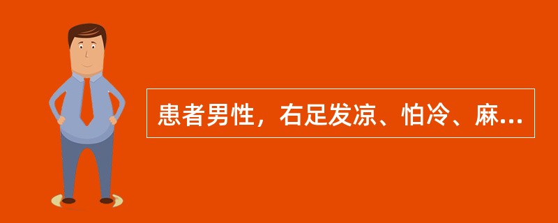 患者男性，右足发凉、怕冷、麻木、沉重1月余，伴有间歇性跛行，趺阳脉搏动减弱，舌淡，苔白腻，脉沉细。</p><br /><p class="MsoNormal &