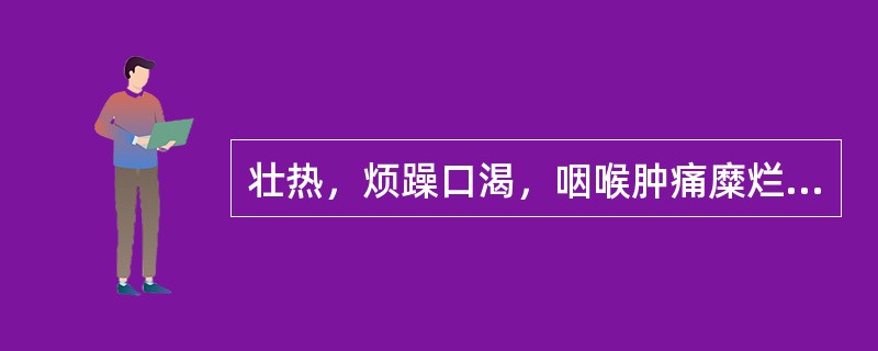 壮热，烦躁口渴，咽喉肿痛糜烂，肌肤丹痧紫赤密布，舌绛，干燥起刺，状如杨梅，脉细数。其治疗用方选