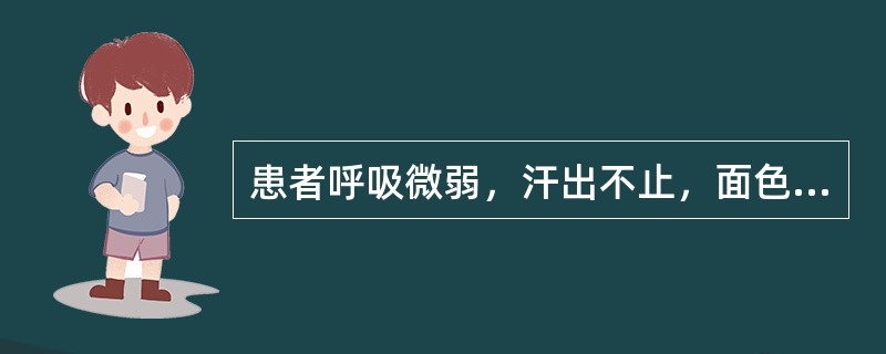 患者呼吸微弱，汗出不止，面色苍白，口开目合，手撒身软，二便失禁，脉微欲绝，舌淡苔白，证属