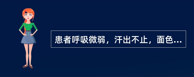 患者呼吸微弱，汗出不止，面色苍白，口开目合，手撒身软，二便失禁，脉微欲绝，舌淡苔白，证属