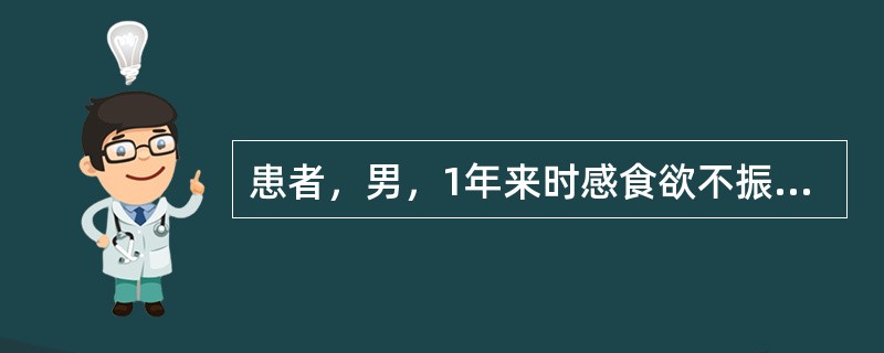 患者，男，1年来时感食欲不振，腹胀，右上腹不适。查体：可见肝掌、蜘蛛痣，肝右肋下1．5cm，脾左肋下1cm。化验：血清ALT 330U/L，白蛋白33g/L，球蛋白40g/L，总胆红素33μmol/L