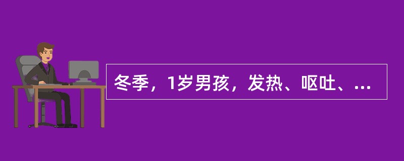 冬季，1岁男孩，发热、呕吐、腹泻3天，体温38℃，每日呕吐3～4次，为胃内容物，每日腹泻10次左右，呈蛋花汤样，无腥臭，1天来尿少，10小时无尿。查体：眼窝、前囟深陷，皮肤干燥，弹性极差，肢端凉。大便