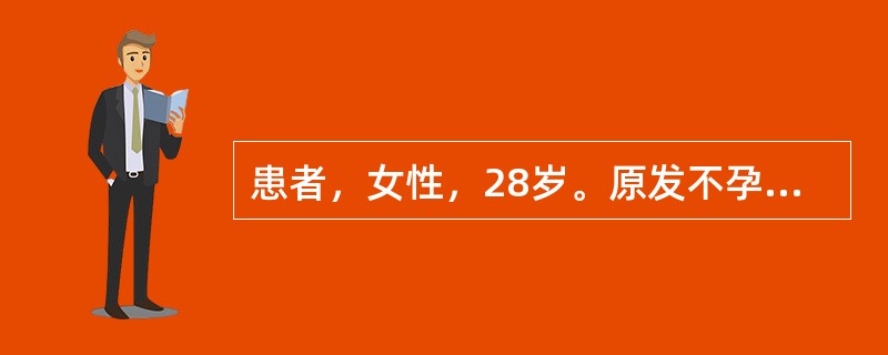 患者，女性，28岁。原发不孕进行性痛经5年。妇查：子宫大小正常，后倾，欠活动，后壁有2个黄豆大小痛性结节，左侧附件可扪及直径约2.5cm大小的囊性包块，不活动，右侧附件增厚。<br />最