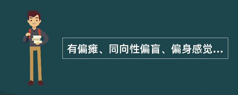 有偏瘫、同向性偏盲、偏身感觉障碍，见于（　）。