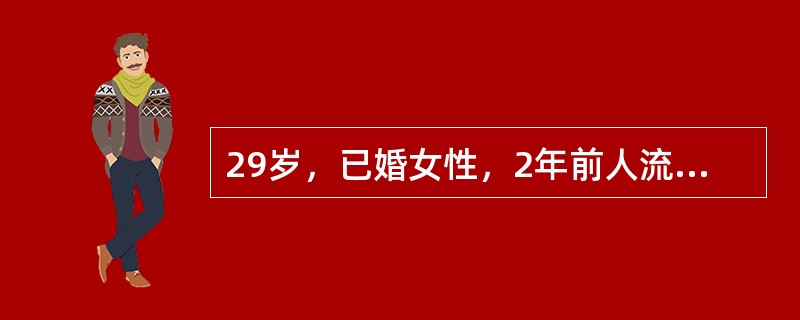 29岁，已婚女性，2年前人流1次，平时月经正常。因停经36天后少量阴道流血10天，下腹隐痛5天来诊。妇科检查，子宫颈口闭、举痛（+），子宫正常大小，左侧扪及3cm×3cm×2cm包块，有触痛。尿HCG