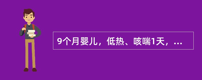 9个月婴儿，低热、咳喘1天，吃奶时呛咳，哭闹时口周轻度发绀。查体：体温38℃，精神及面色尚可，呼吸50次/min，节律规整，呼气延长，两肺闻及多量哮鸣音，心率160次/mm，心音有力，肝肋下2.5cm