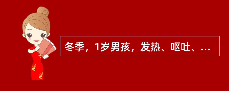 冬季，1岁男孩，发热、呕吐、腹泻3天，体温38℃，每日呕吐3～4次，为胃内容物，每日腹泻10次左右，呈蛋花汤样，无腥臭，1天来尿少，10小时无尿。查体：眼窝、前囟深陷，皮肤干燥，弹性极差，肢端凉。大便