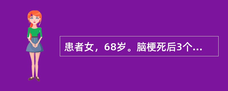 患者女，68岁。脑梗死后3个月，言语可对答，左上肢肌力3级，左下肢肌力4级，左Babinski征（+），患者可在正常时间内独立完成进食，可以独立完成床一轮椅转移，但需要家人在旁提醒及监督，以保证安全，