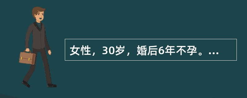 女性，30岁，婚后6年不孕。妇科查体：无腹水，卵巢双侧囊实肿块6～7cm，不活动，子宫-直肠陷凹内片状触痛结节2.5cm。辅助检查：B超提示双侧卵巢囊性肿块，血CA125800mIU/ml。临床诊断：