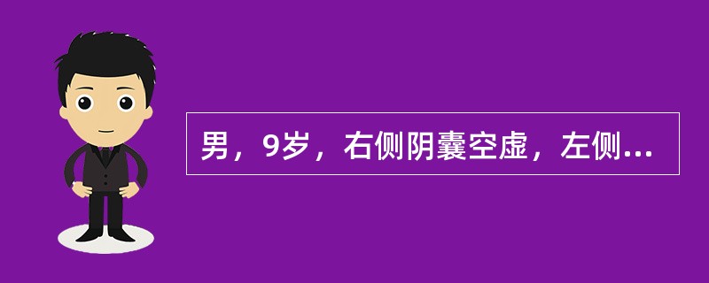 男，9岁，右侧阴囊空虚，左侧睾丸可触及；超声检查右侧腹股沟区见低回声肿块，如图所示，考虑为<img border="0" style="width: 378px;