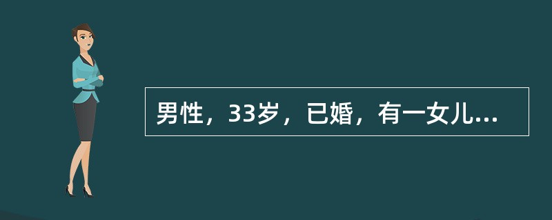 男性，33岁，已婚，有一女儿7岁。近半年来妻子以两人性格不合提出离婚，遭拒绝后夫妻关系趋于紧张不安状态。1个月前妻子向法院提出离婚要求，并带女儿离家。经家人调解无效。该男子渐表现不与人交往，终日沉默，