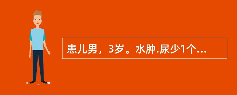 患儿男，3岁。水肿.尿少1个月，血压120/80mmHg，尿常规：蛋白（++++)，RBC5个/HP。患儿入院后出现发热.咳嗽，经过抗感染治疗呼吸道症状有所改善，但出现腹痛.腹泻表现，水肿加重，腹部有