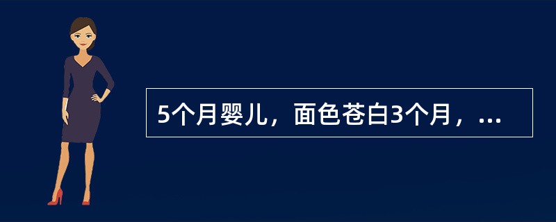 5个月婴儿，面色苍白3个月，呈加重趋势，食欲减退。平时易感冒，出生后以人工喂养，未加辅食。体检：发育.营养差，皮肤.黏膜苍白，心前区有Ⅰ级收缩期杂音，肝肋下3cm，脾肋下1cm。血常规：血红蛋白85g