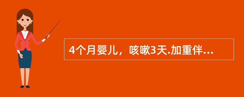 4个月婴儿，咳嗽3天.加重伴呼吸急促1天入院。查体：体温37℃，呼吸60次/分，呼吸困难，鼻翼扇动，三凹征阳性，双肺广泛呼气性喘鸣音，少量干啰音，心率180次/分，律齐，心音有力，无杂音，腹部膨胀，肝