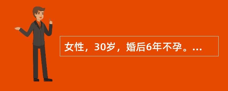 女性，30岁，婚后6年不孕。妇科查体：无腹水，卵巢双侧囊实肿块6～7cm，不活动，子宫一直肠陷凹内片状触痛结节2.5cm。辅助检查：B超提示双侧卵巢囊性肿块，血CA125800mIU/ml。临床诊断：