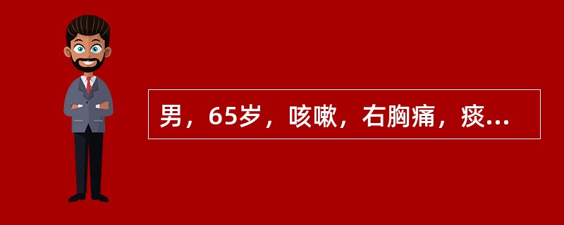 男，65岁，咳嗽，右胸痛，痰中带血丝1周。胸部后前位片示：右肺门影增大，右上肺大片状致密影，水平裂呈反"S"样改变。<br />右上肺大片状致密影侧位片位于