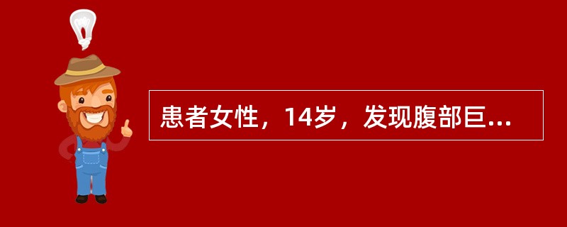 患者女性，14岁，发现腹部巨大肿块2月并增大4天。体查：腹部膨隆。包块活动度差，叩诊无移动性浊音。CT图像如下，可诊断为（　　）。<img src="https://img.zhaot