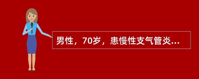 男性，70岁，患慢性支气管炎近20年，经常咳嗽、咳痰，每年入冬时咳嗽、咳痰加重，并有近40年的吸烟史。近2年来自觉上楼时费力，感觉气短；近1个月休息时亦觉胸闷、呼吸困难。人院查体：桶状胸、胸廓呼吸运动