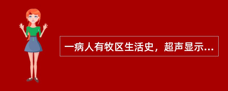 一病人有牧区生活史，超声显示肝右叶内有一8cm×10cm大小外壁光滑整齐的厚壁性无回声包块，其内见多个大小不等的圆形无回声小囊，最可能的诊断是（　　）。