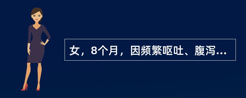 女，8个月，因频繁呕吐、腹泻3天于12月1日入院。大便稀水样，无腥臭味，10余次/日，量中等，查体：呼吸46次/分。脉搏140次/分，精神萎靡，皮肤弹性差，四肢温，前囟、眼窝凹陷，心音低钝，腹胀，肠鸣