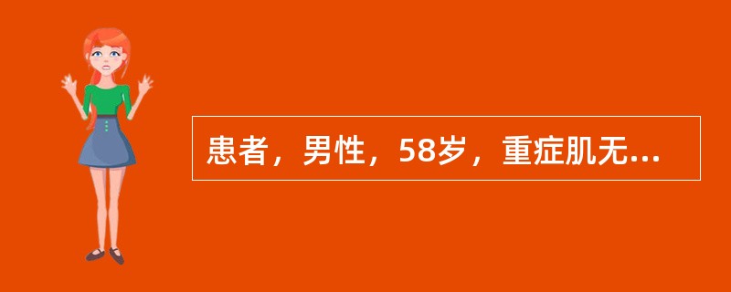 患者，男性，58岁，重症肌无力（MG），病变累及眼外直肌，有眼睑下垂和复视症状。平时每日服用吡斯的明660mg和泼尼松20mg，分次口服。术前检查肺活量实测值/预计值为50％，FEV1/FVC 80％